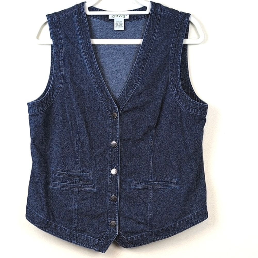 Orvis Dark Blue Denim Vest 100% Cotton Size M - image 7